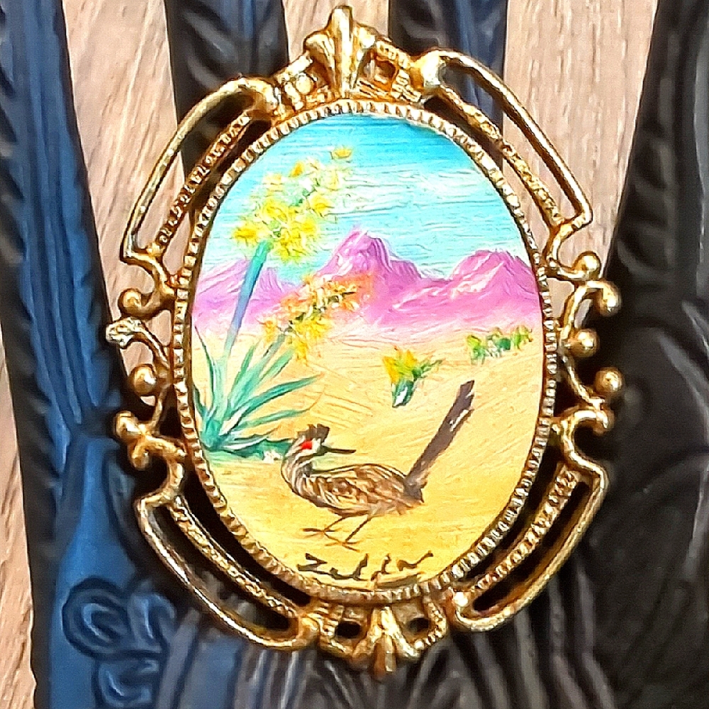 Artisan Hand-Painted Gold Brooch with Roadrunner Bird Desert Scene